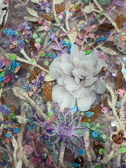 Brown Aurora Sequin Floral Handwork Net 54" Fabric