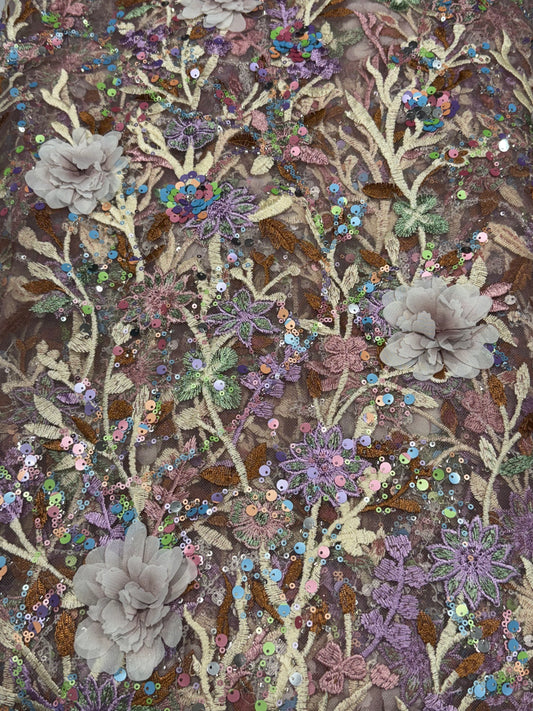 Brown Aurora Sequin Floral Handwork Net 54" Fabric