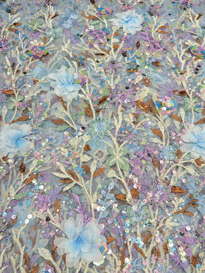 Saga Blue Aurora Sequin Floral Handwork Net 54" Fabric