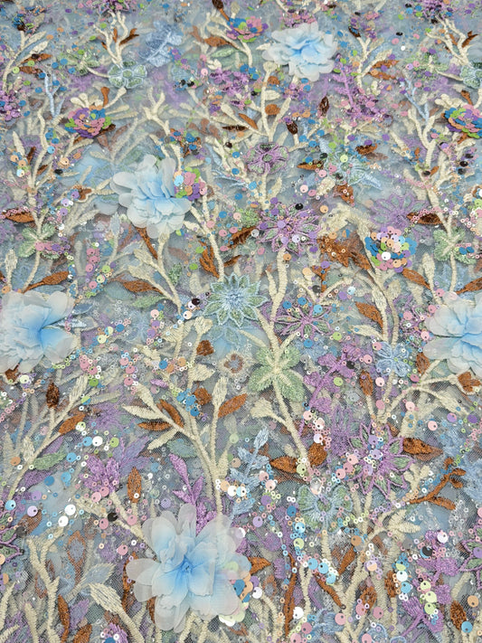 Saga Blue Aurora Sequin Floral Handwork Net 54" Fabric