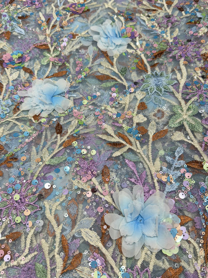 Saga Blue Aurora Sequin Floral Handwork Net 54" Fabric