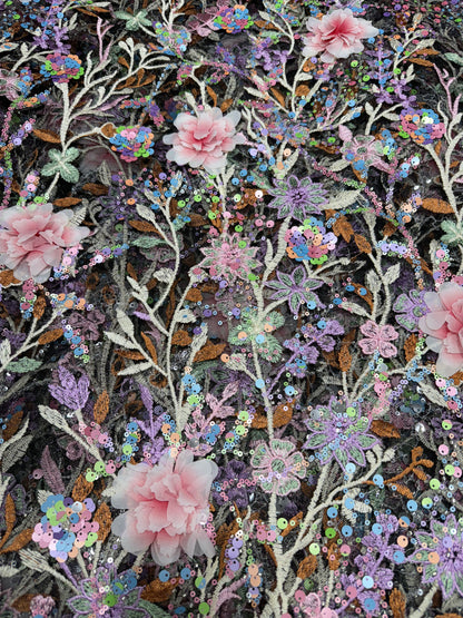 Black Aurora Sequin Floral Handwork Net 54" Fabric