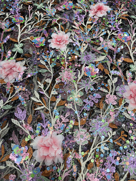 Black Aurora Sequin Floral Handwork Net 54" Fabric