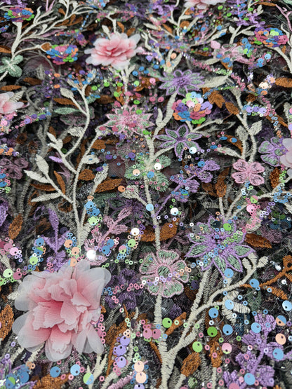 Black Aurora Sequin Floral Handwork Net 54" Fabric