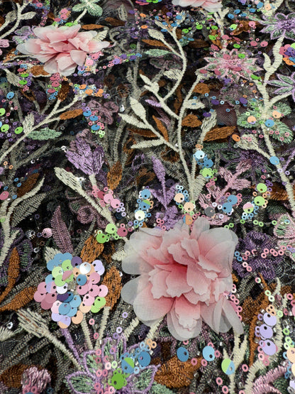 Black Aurora Sequin Floral Handwork Net 54" Fabric