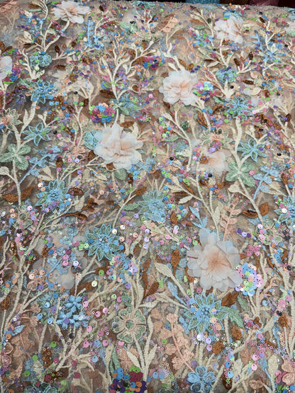 Cream Aurora Sequin Floral Handwork Net 54" Fabric
