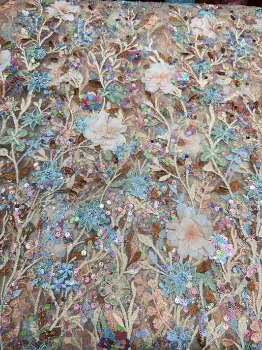 Cream Aurora Sequin Floral Handwork Net 54" Fabric