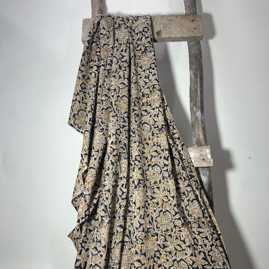 Kalamkari Dark Brown and Yellow Pure Cotton Organic Handloom Printed Fabric