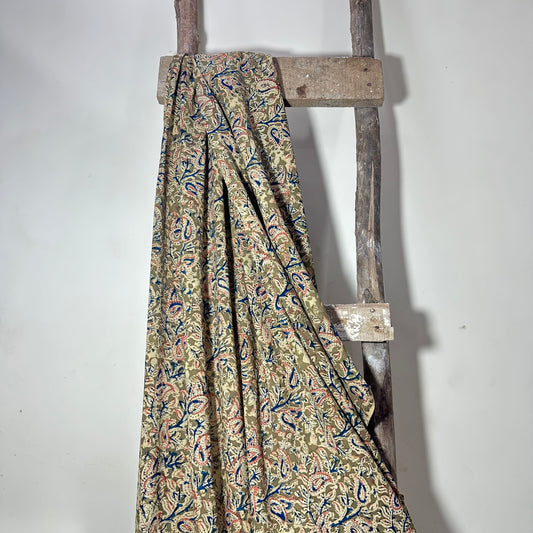 Kalamkari Olive Green and Blue Pure Cotton Organic Handloom Printed Fabric