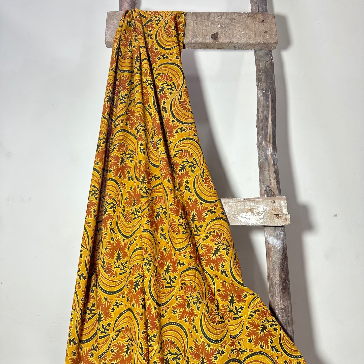 Ajrak  Mustard Yellow with Maple leaf print pure Cotton Handloom Printed Fabric