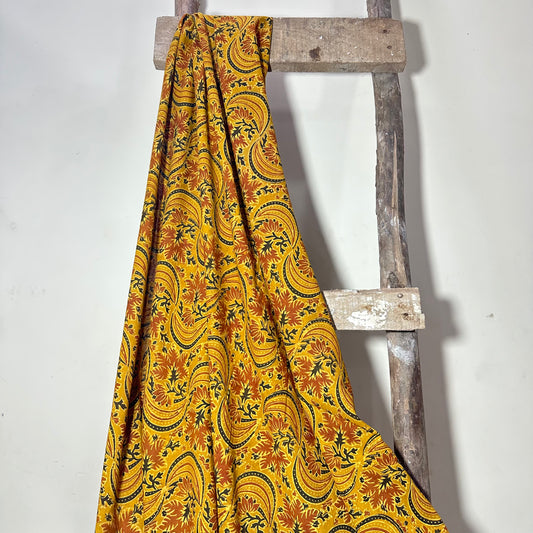 Ajrak  Mustard Yellow with Maple leaf print pure Cotton Handloom Printed Fabric