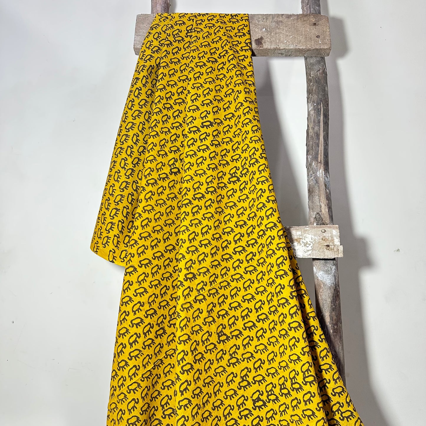 Ajrak  Mustard Yellow with Elephant print pure Cotton Handloom printed Fabric