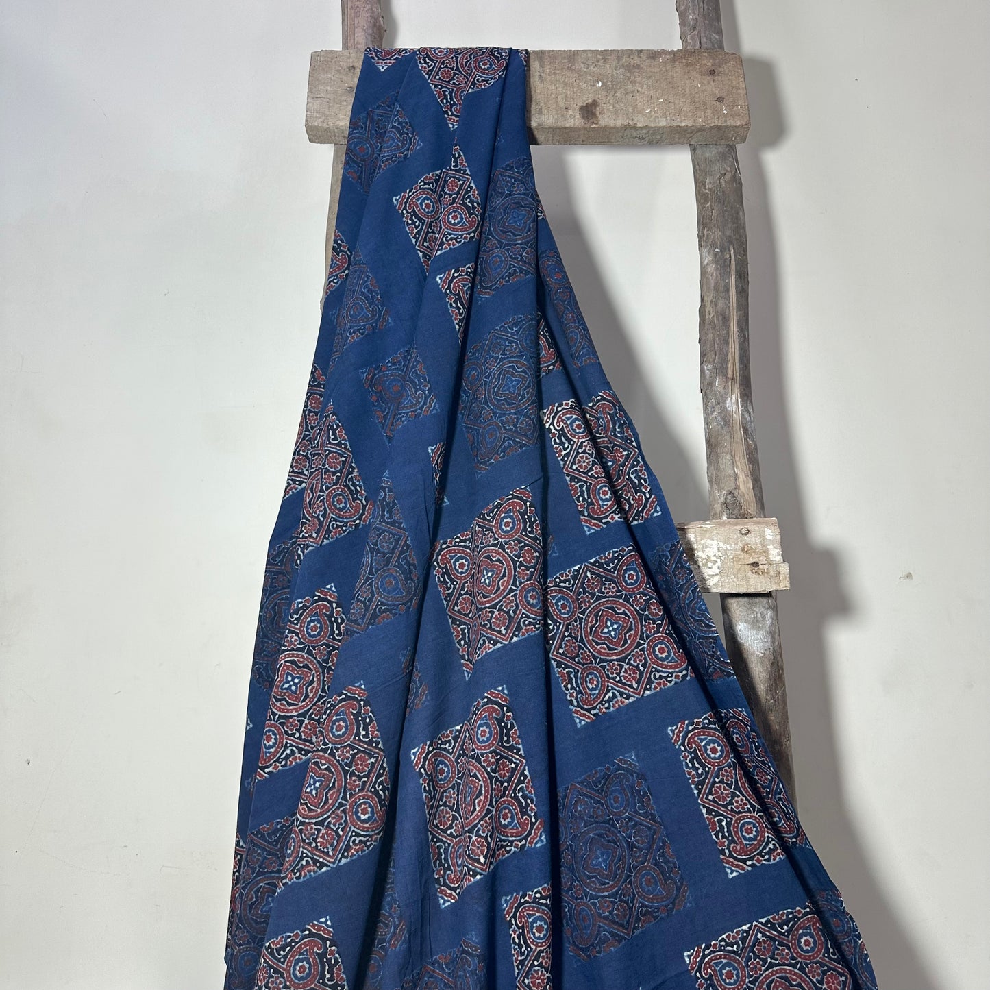 Ajrak Navy blue with maroon prints pure cotton handloom printed fabric