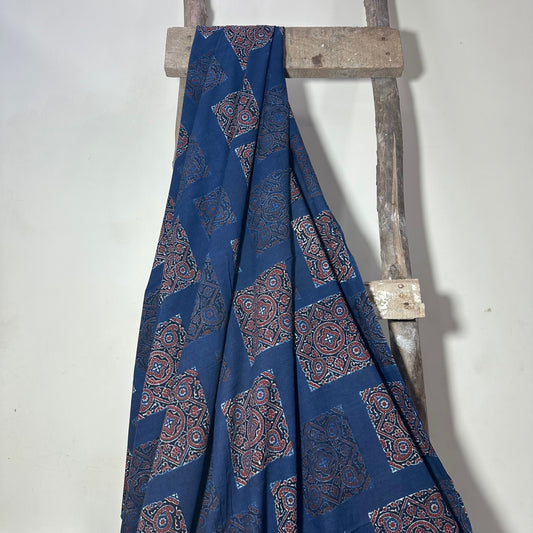 Ajrak Navy blue with maroon prints pure cotton handloom printed fabric