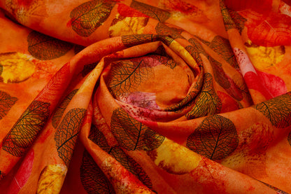 Cotton Viscose Leafy Bright Orange with Black