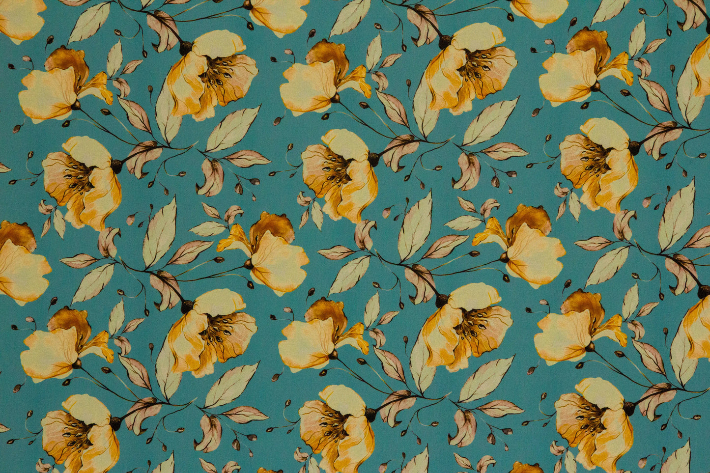 Printed Floral Yellow on Turquoise Fabric
