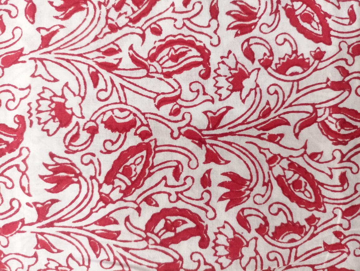 Mul Cotton Red leaf pattern organic handloom printed fabric