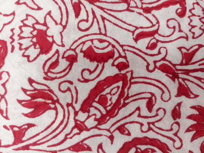 Mul Cotton Red leaf pattern organic handloom printed fabric