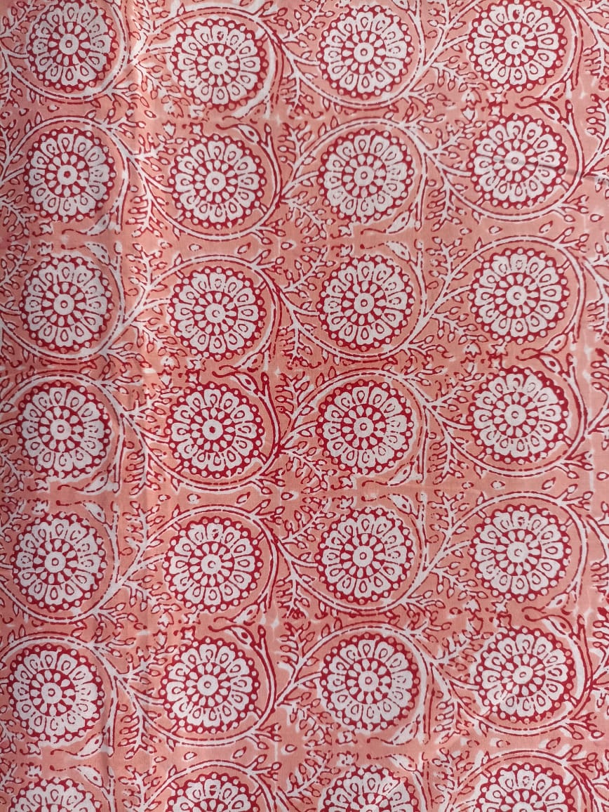 Mul Cotton Peach Floral Print organic handloom printed fabric