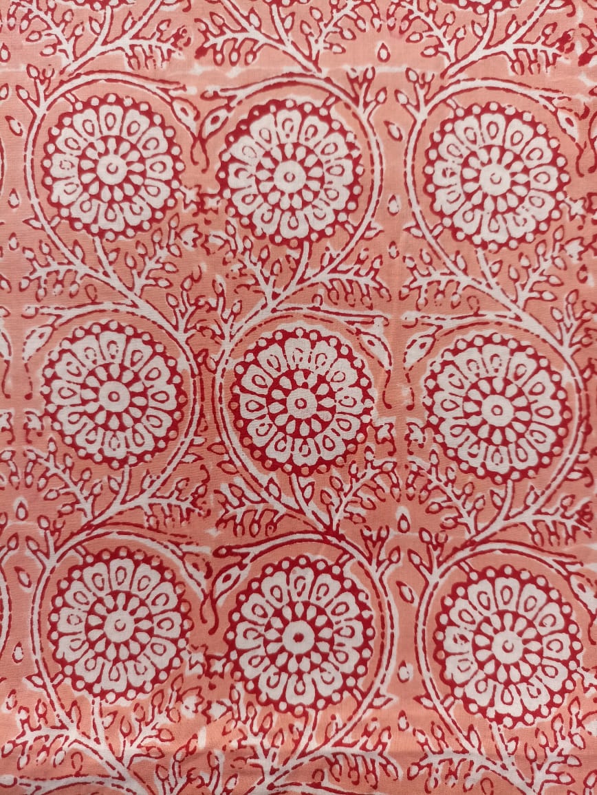 Mul Cotton Peach Floral Print organic handloom printed fabric