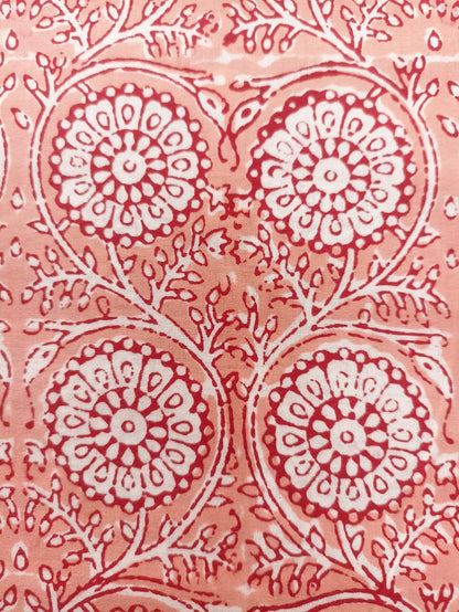 Mul Cotton Peach Floral Print organic handloom printed fabric